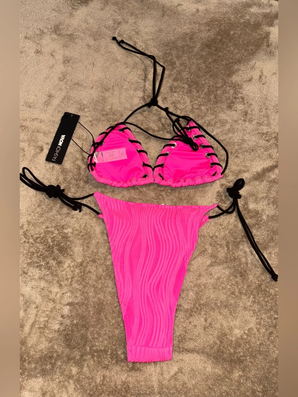 Fashion Nova Neon Pink Lace-Up Triangle Bikini with Black Ties